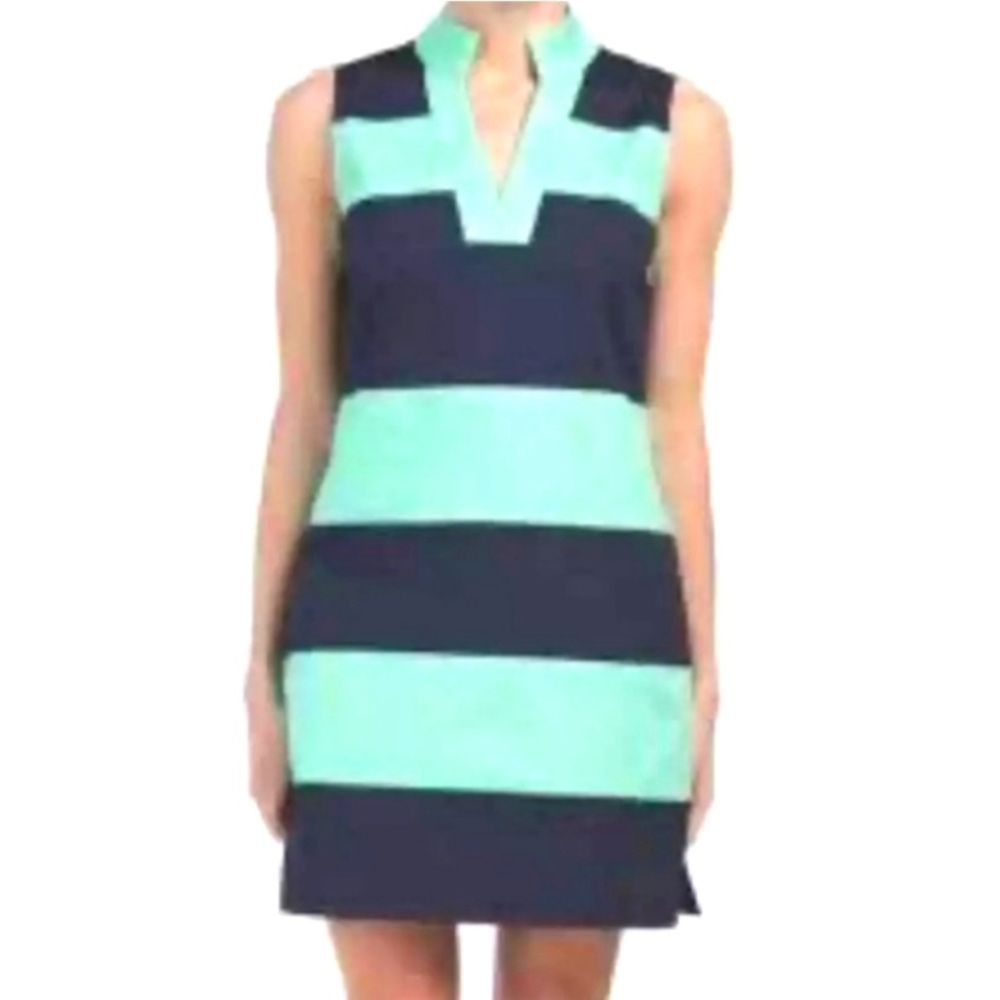 Sail to Sable Nautical Stripe Split Neck Sleeveless Shift Dress Navy Blue Green